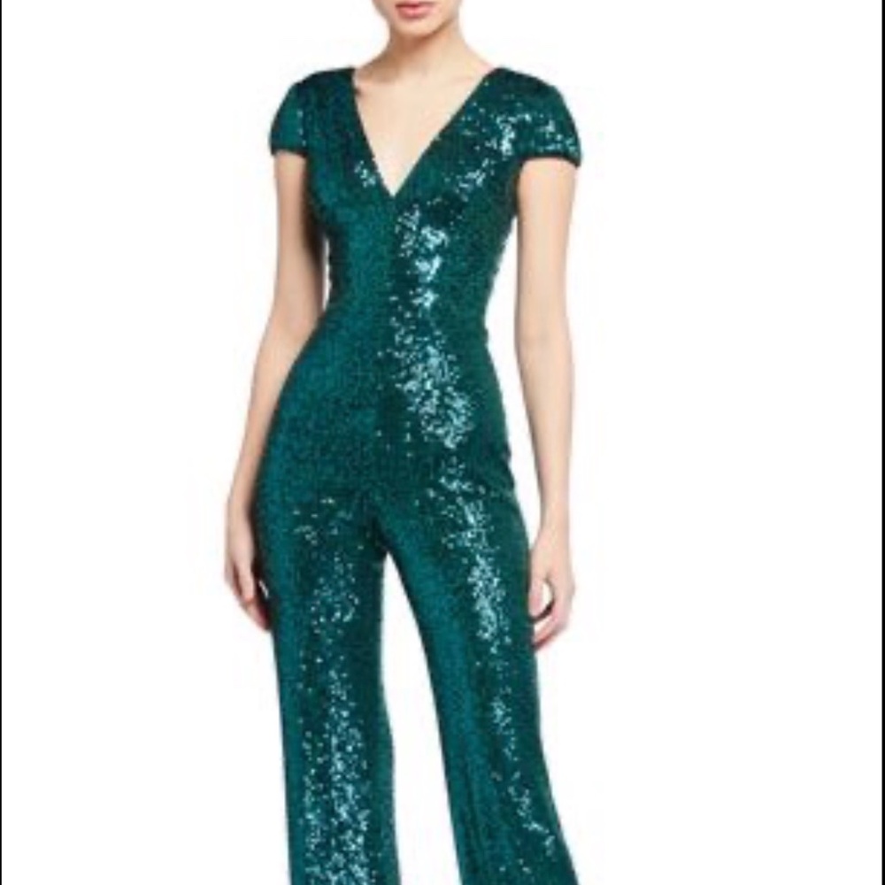 Dress The Population Emerald Green Sequence Jumpsuit Size Medium  NWT